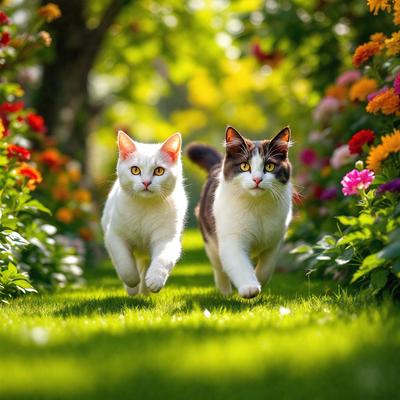 The primary subject of the image is two cats walking together in a grassy area. They are positioned in the center of the scene, with one cat slightly ahead of the other. The setting is a garden with a variety of flowers surrounding the cats. The visual style is a photo, capturing the cats in their natural environment. The colors and mood of the image are lively and cheerful, with the vibrant colors of the flowers and the cats' white and brown fur creating a pleasant atmosphere.
